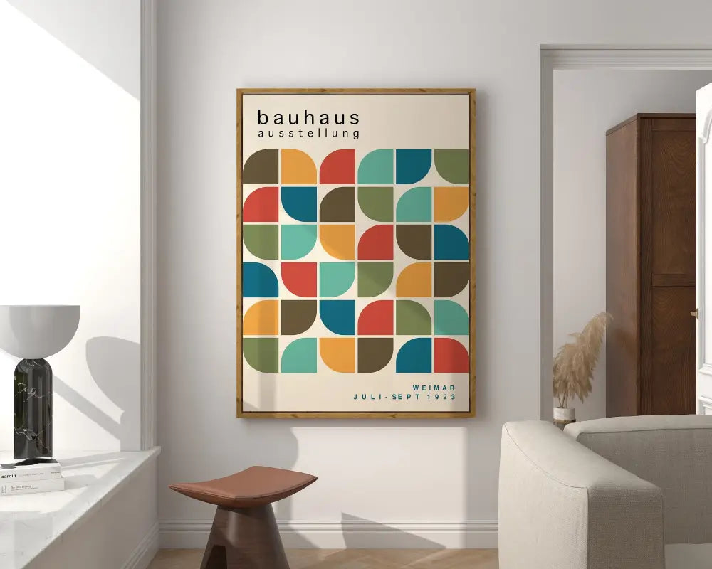 A framed bauhaus exhibition poster canvas print with bright geometric colorful semicircles for home decor