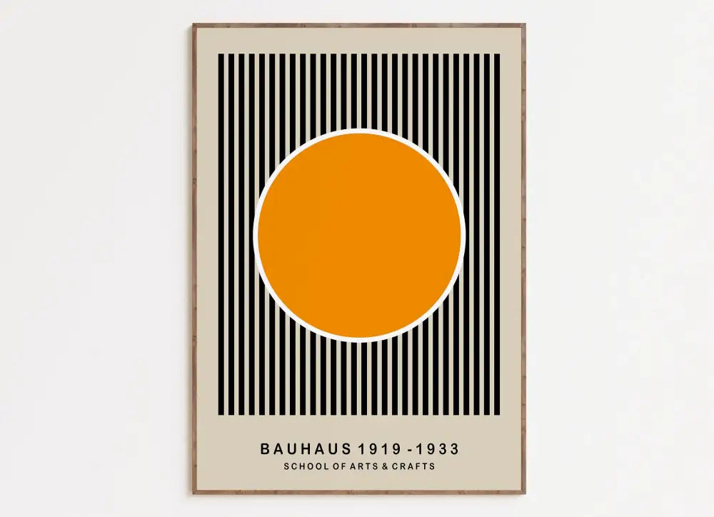 Minimalist decorbites™ bright geometric wall art canvas print with bold orange circle on black striped beige background