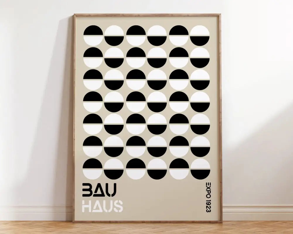 Minimalist DecorBites™ geometric wall art canvas print with black and white half-circles on beige background