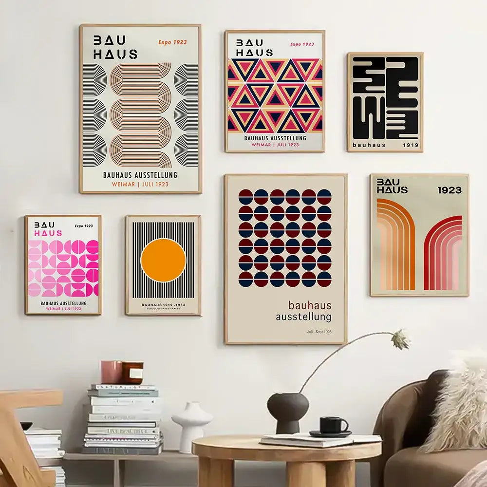 Set of six framed decorbites™ bright geometric wall art canvas prints featuring bauhaus style patterns in bold colors