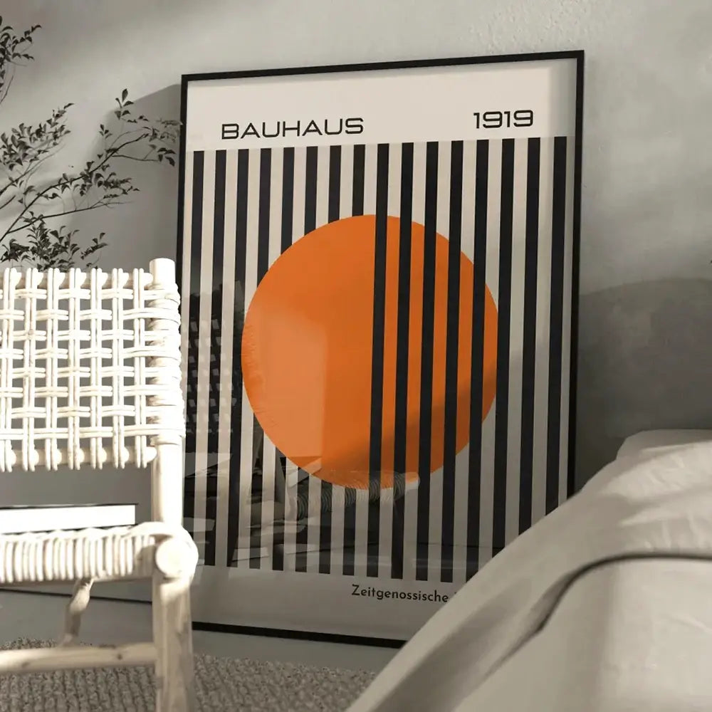 DecorBites bright orange bauhaus canvas painting with bold stripes for modern home decor wall art
