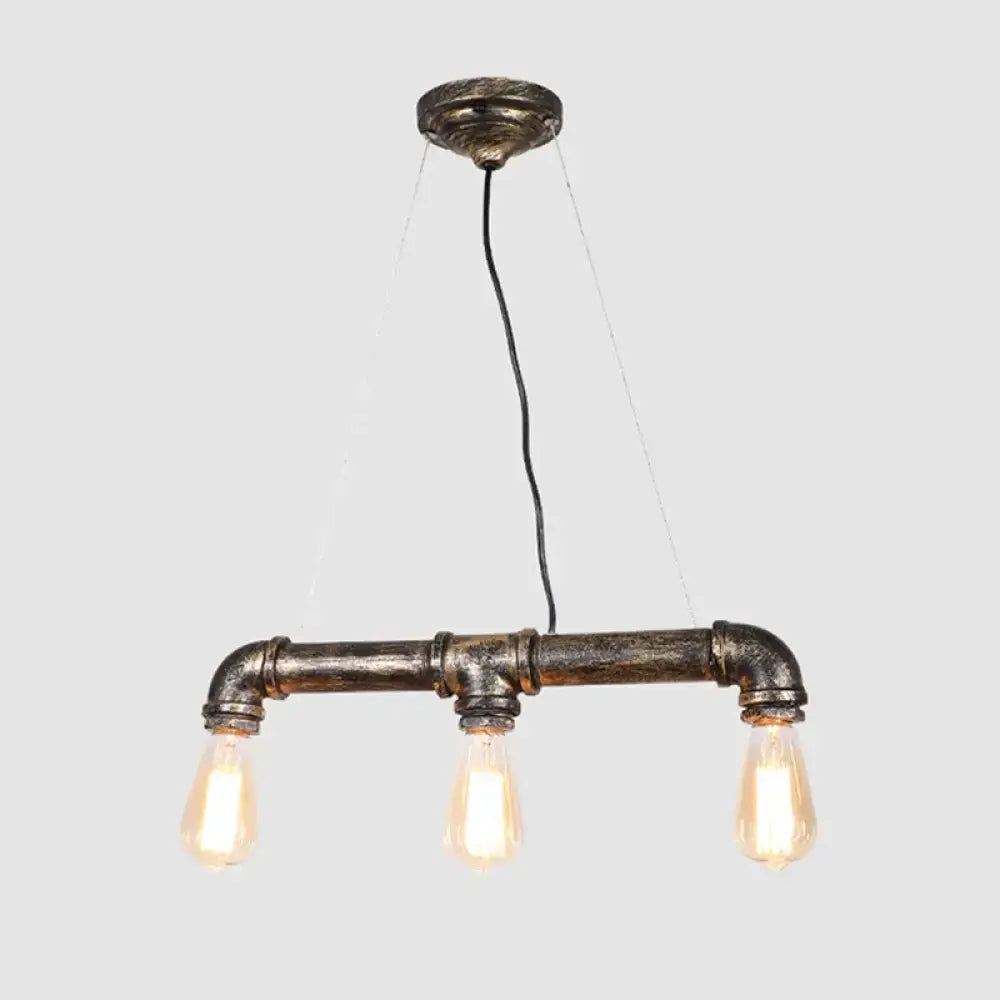 Industrial-style pendant steampunk water pipe island light with three exposed edison bulbs in dark bronze wrought iron frame