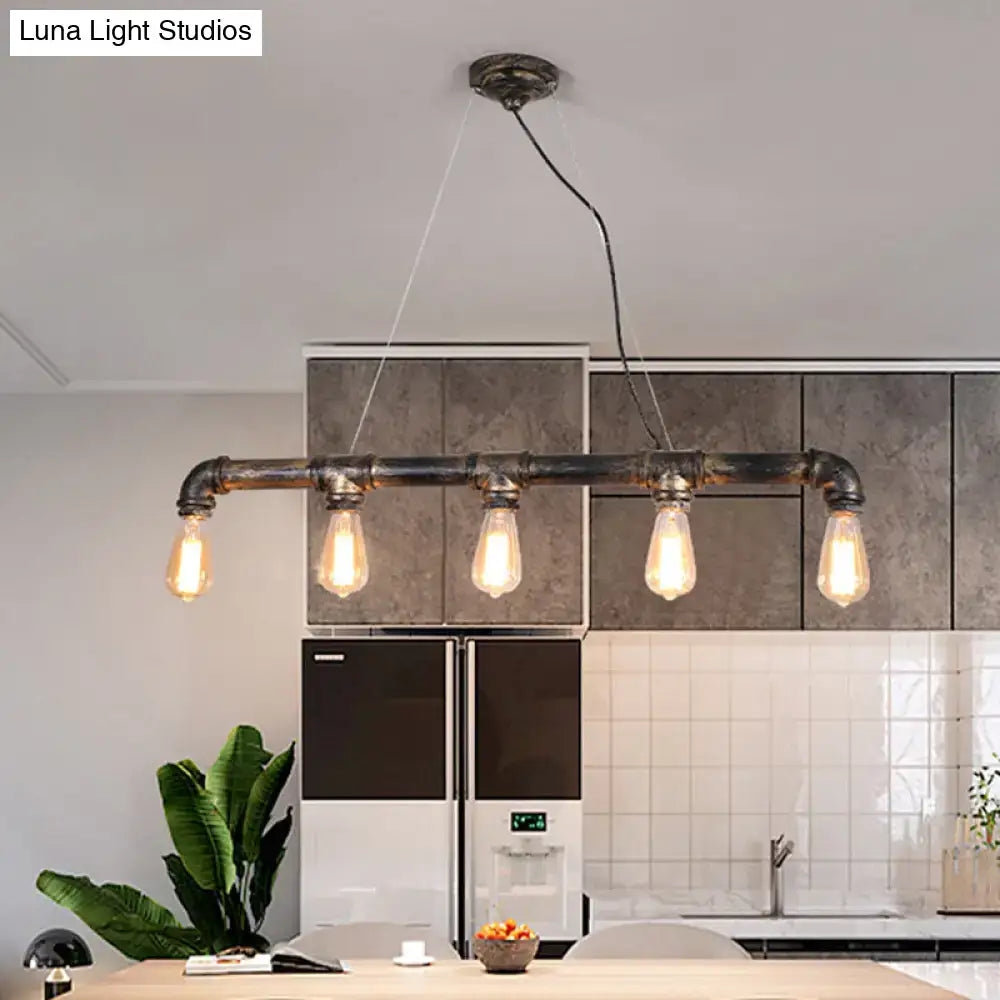 DecorBites bronze steampunk water pipe island light with five exposed filament bulbs and wrought iron black pipe design
