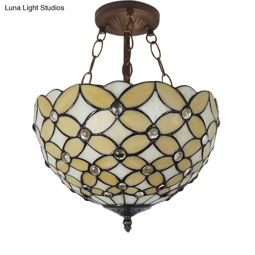 DecorBites bronze tiffany style semi flush mount ceiling light with cream stained glass floral shade and clear crystal accents