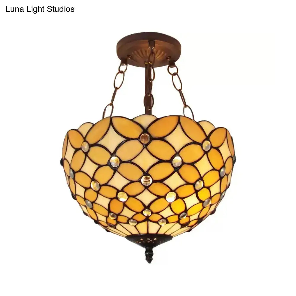 Decorbites bronze tiffany style semi flush mount ceiling light with amber stained glass and crystal accents