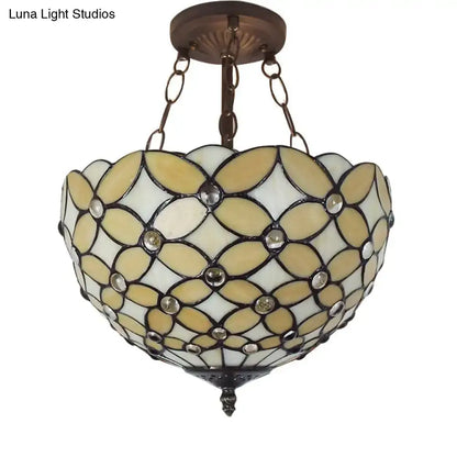 Decorbites™ bronze tiffany style semi flush mount ceiling light with cream stained glass and crystal bead accents
