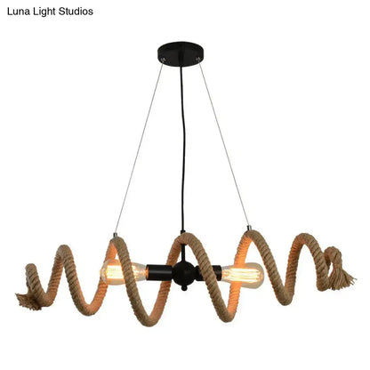 DecorBites™ brown rope wrapped helix island pendant with two edison bulbs and black metal frame for restaurant ceilings