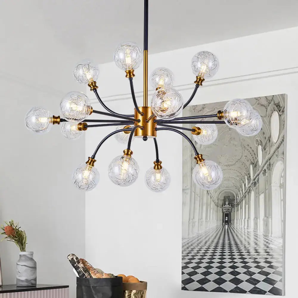 Gold-toned decorbites bubble suspended lighting chandelier with clear glass globe bulbs curvy black metal arms 220v-240v