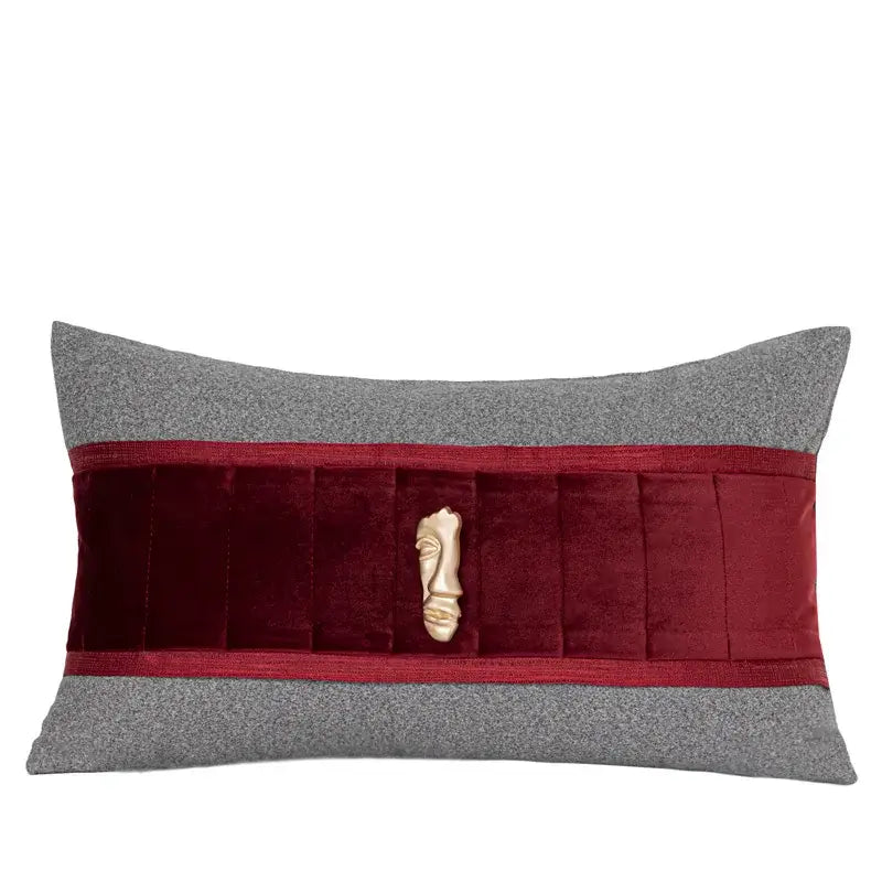 Rectangular bed runner with gray woolen edges and decorbites burgundy velvet geometric embroidered center band