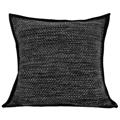 Black and gray tweed throw pillow with contrasting black velvet trim complementing decorbites burgundy velvet geometric embroidered bed runner