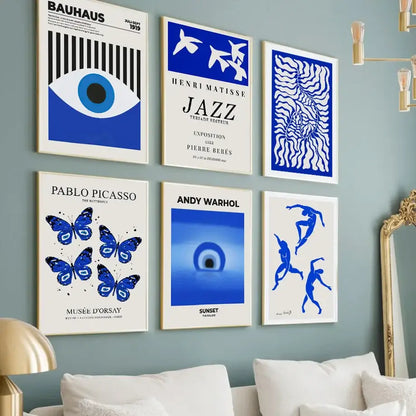 Six framed blue and white botanical canvas art prints including butterfly botanical designs for living room decor by decorbites