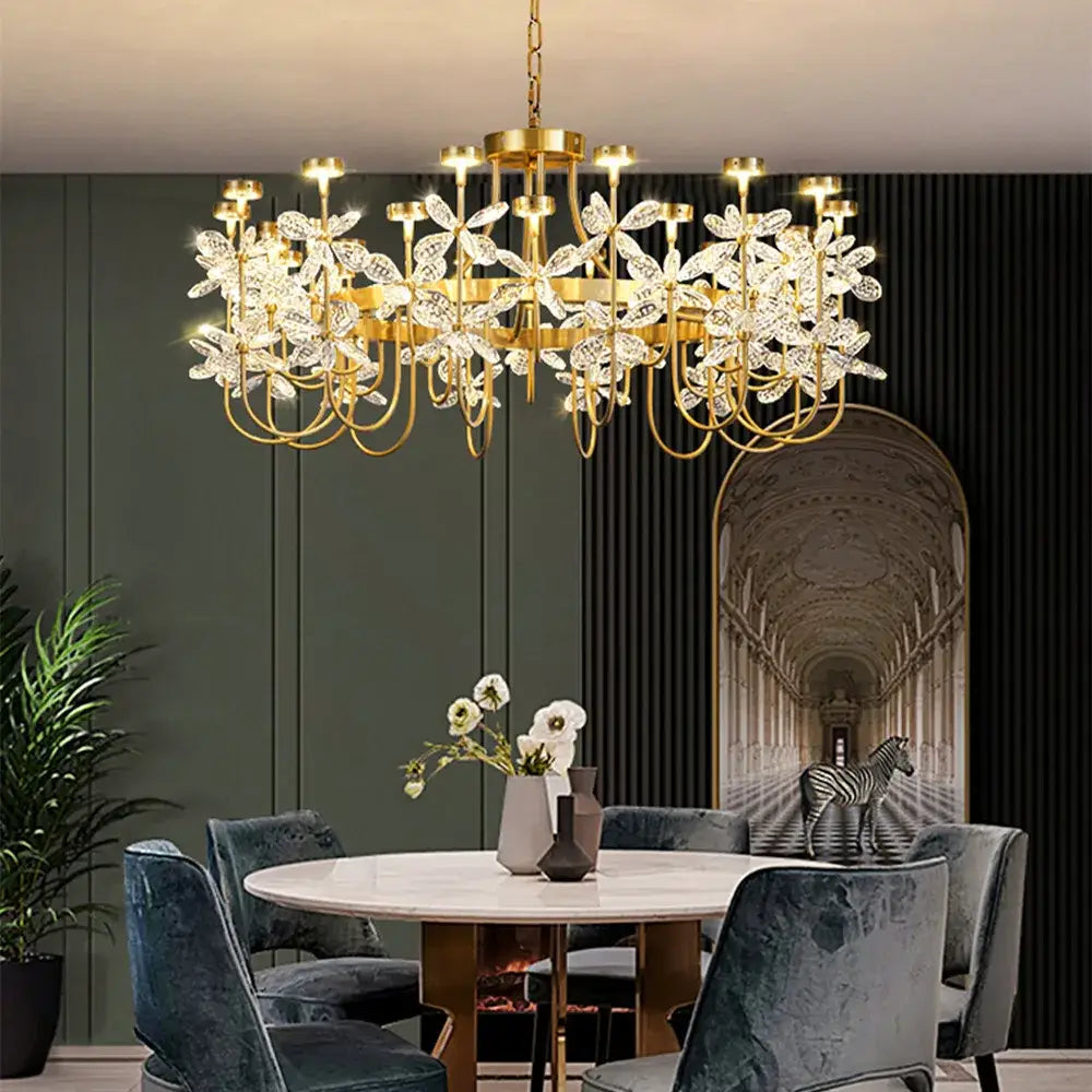 Gold-toned decorbites butterfly chandelier with intricate crystal flower designs for dining room lighting