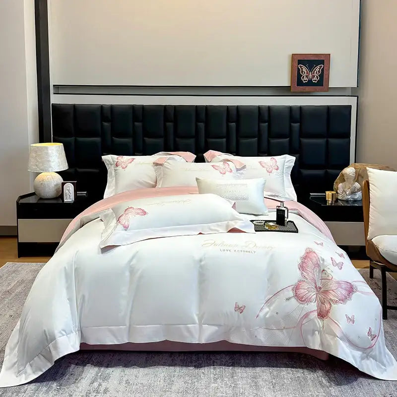 White satin duvet cover with delicate pink decorbites butterfly embroidery and soft blush border bedding set luxury