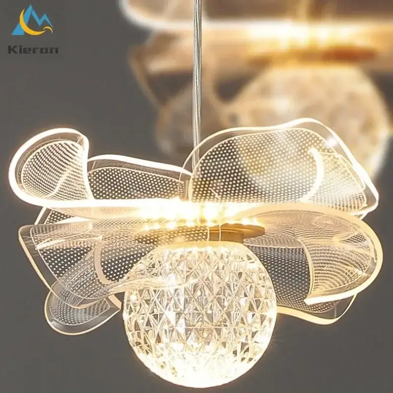 A modern translucent acrylic decorbites butterfly led pendant light with a central crystal sphere and petal shades for bedroom