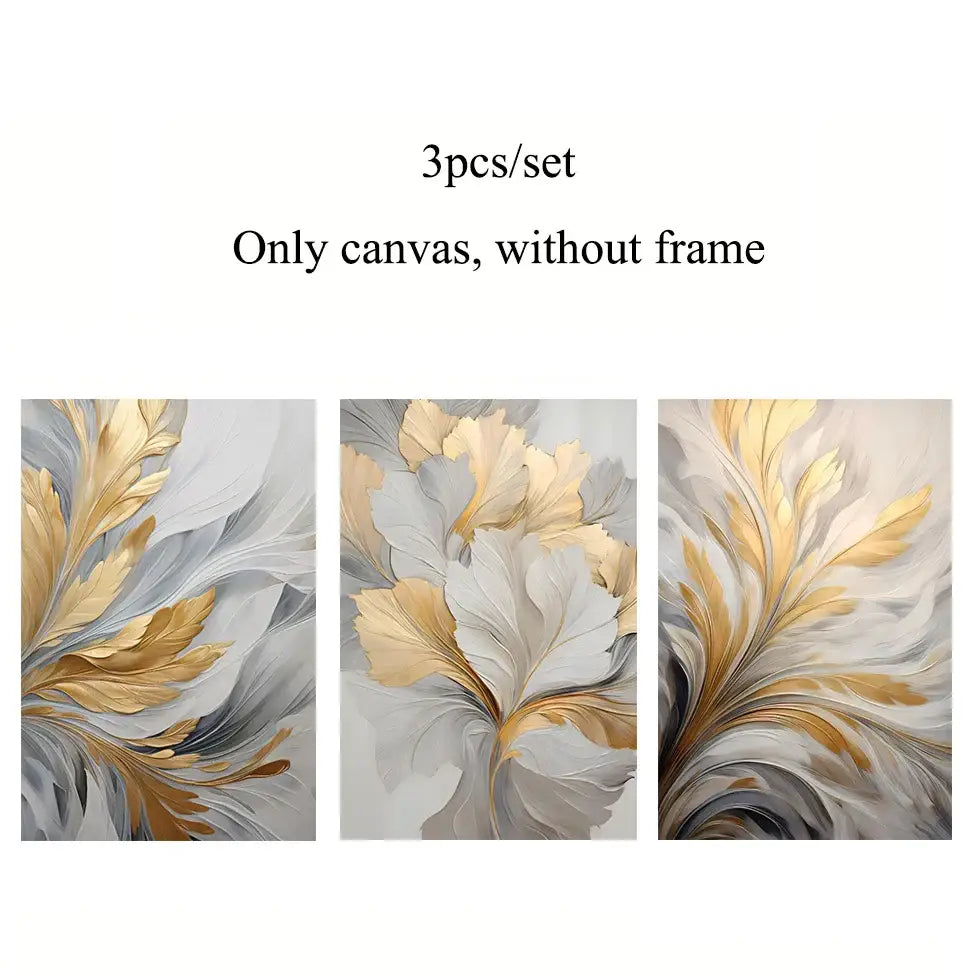 Decorbites™ canvas wall art set featuring three abstract floral prints in gold silver and gray tones for wall art decor