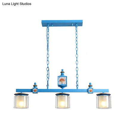 DecorBites™ cartoon 3 bulbs island pendant light with sky water blue glass shades and decorative shell metal frame