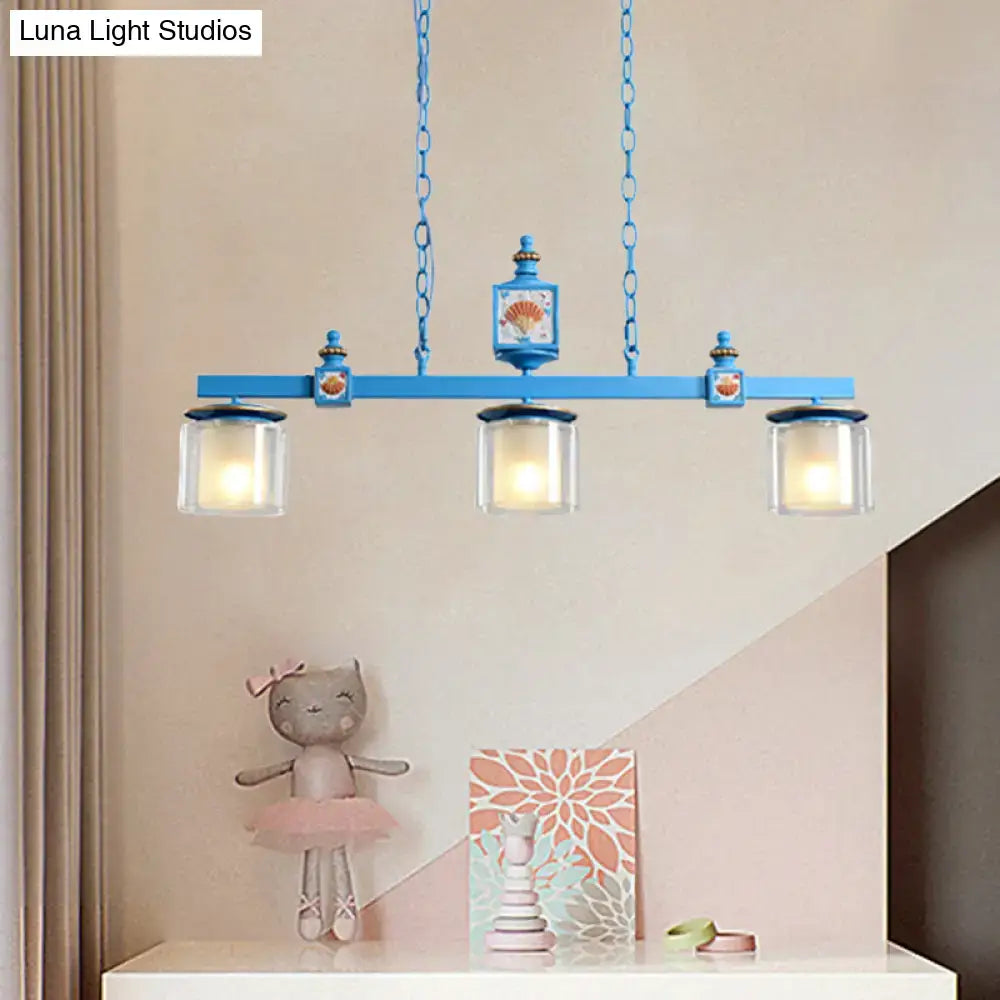 Blue metal chandelier DecorBites™ cartoon 3 bulbs island pendant light with sky water blue glass shades and finials