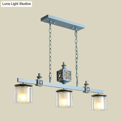 DecorBites™ 3 bulbs island pendant light with light blue metal frame and sky water blue glass shades with sea embellishments