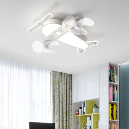 White decorbites cartoon aircraft fan light with illuminated blue and yellow airplane-shaped ceiling lamp wings and propeller