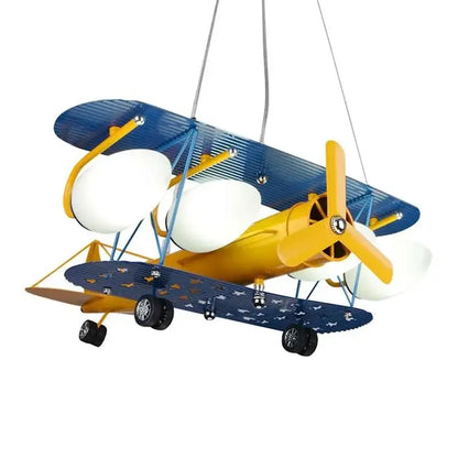 Blue and yellow decorbites cartoon aircraft biplane fan light with white globe bulbs for bedroom lighting