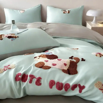 Mint green satin duvet cover with plush embroidered puppies and pink cute puppy lettering in decorbites cartoon embroidered cotton bedding set