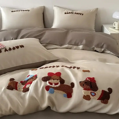 Cream-colored bedding set with decorbites cartoon embroidered plush puppies in brown and red cotton cover and accessories