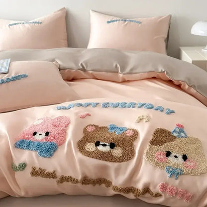 Pastel pink satin duvet cover from decorbites cartoon embroidered cotton bedding set with plush embroidered animals and bows