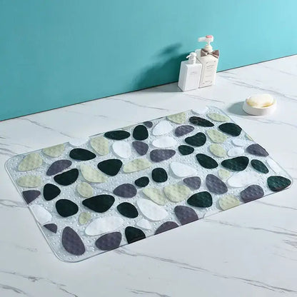 Transparent decorbites cartoon non-slip bathroom mat with embedded black white gray and pale green pebbles for children