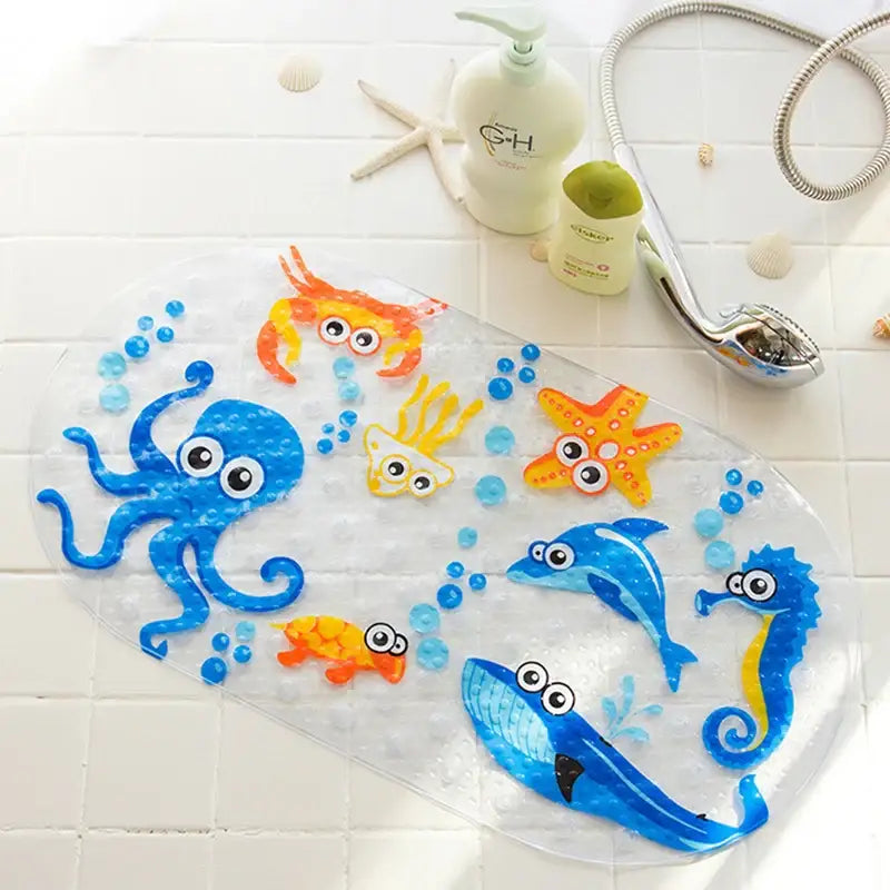 Transparent decorbites cartoon non-slip bathroom mat with colorful sea creatures including octopuses dolphins starfish fish and seahorse