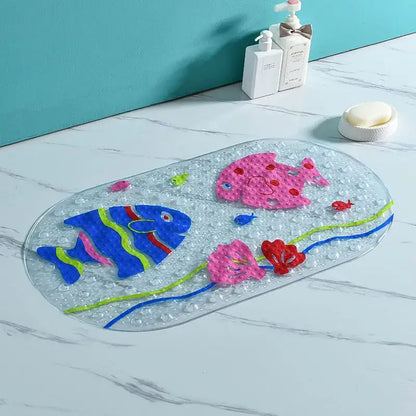Clear oval-shaped decorbites cartoon non-slip bathroom mat with colorful fish and seashell designs for children