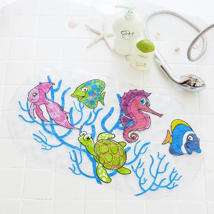 Clear plastic decorbites cartoon non-slip bathroom mat with colorful sea creatures and blue coral designs for children