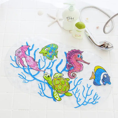 Clear plastic decorbites cartoon non-slip bathroom mat with colorful sea creatures and blue coral designs for children