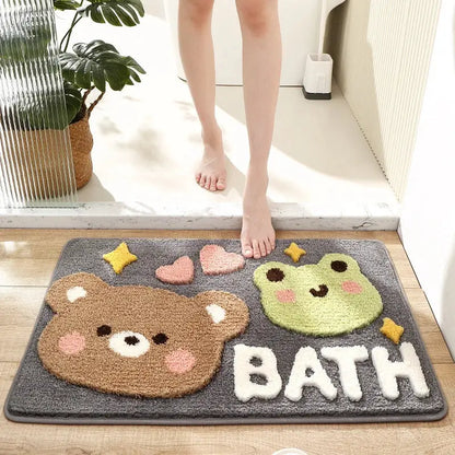 Gray decorbites cartoon puppy flocked bath mat with embroidered brown bear and green frog faces, hearts, stars, and bath lettering