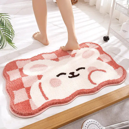 Pink and white plush bear-shaped bath mat with checkered pattern for bathroom use from decorbites cartoon puppy flocked collection