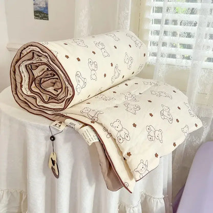 Cream-colored decorbites cartoon summer teddy bear blanket with soft cotton exterior and brown bear and flower pattern