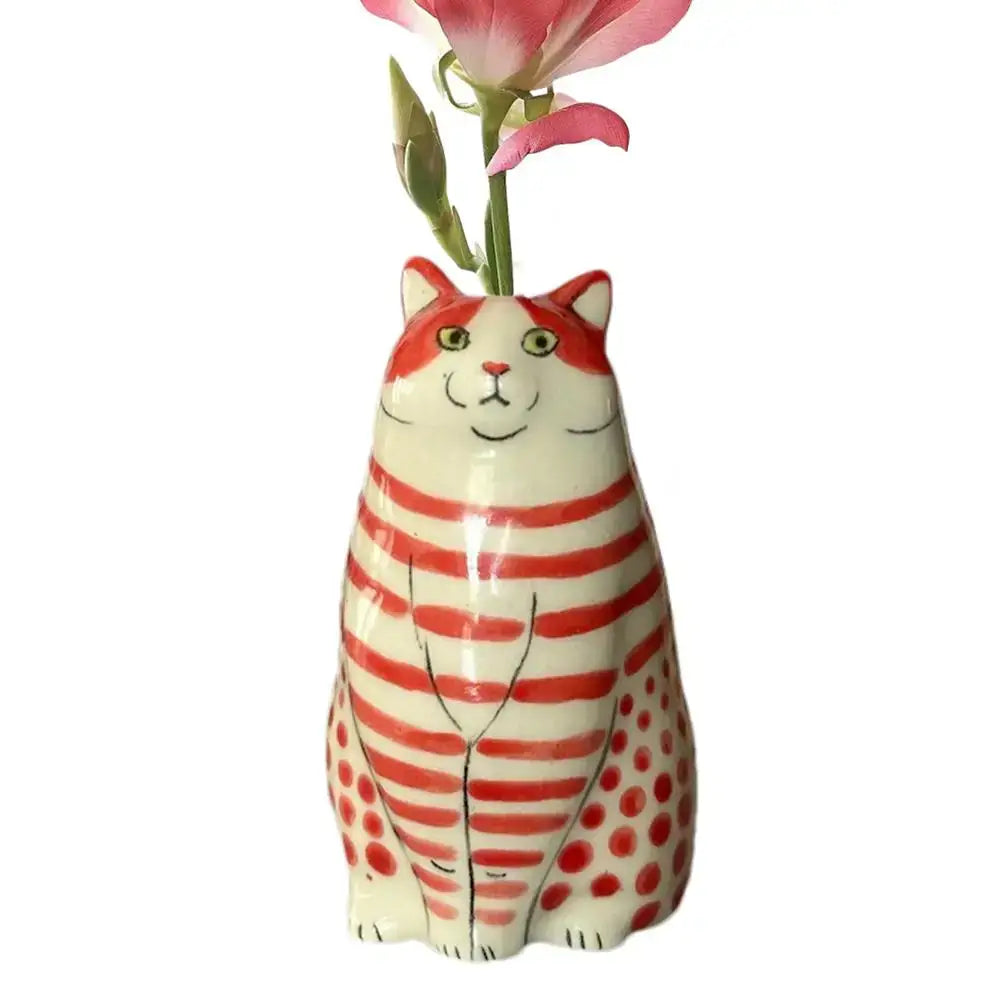 Decorbites™ cat polka dot resin flower bud vase in red and white with sitting dot cat holding a pink flower
