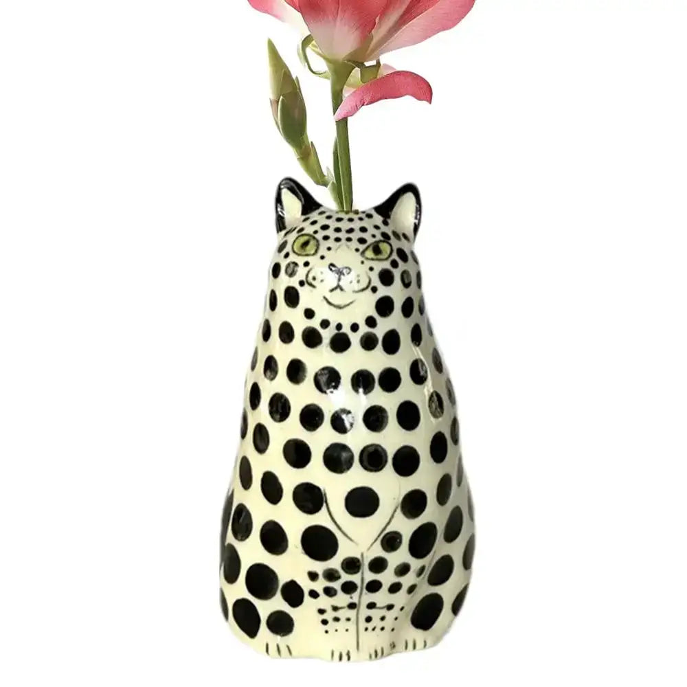 DecorBites™ cat vase cream ceramic polka dot dot cat sitting leopard holding pink rose flower bud vase