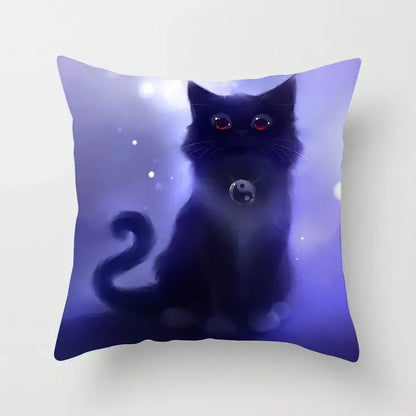 Purple decorbites cat printed plush cushion cover featuring a black cat with red eyes and yin-yang pendant for living room