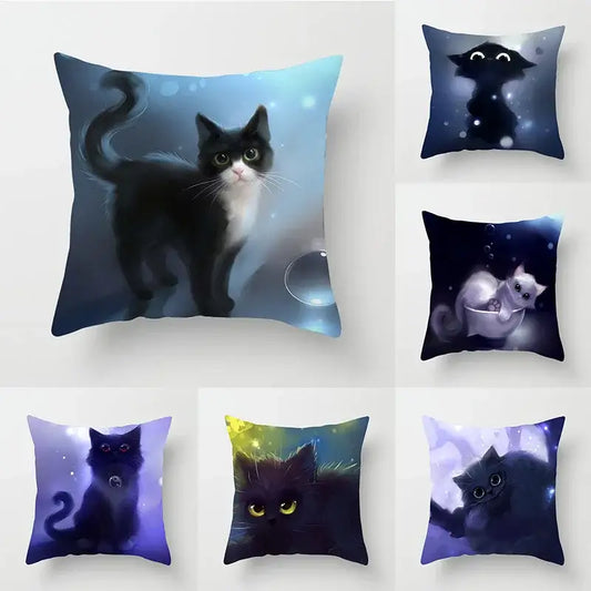 Decorbites cat printed black and white living room cushion with soft plush fabric and cat printed pillowcase design