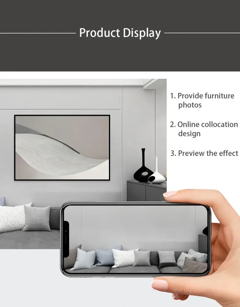 Black-framed DecorBites™ cat reading toilet canvas wall art with flowing white and gray wave-like abstract patterns