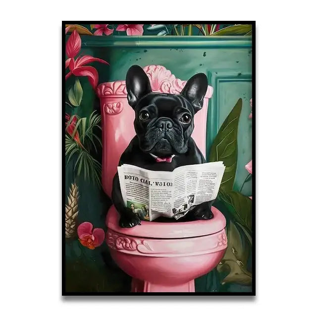 Decorbites™ cat reading wall art featuring a black french bulldog with pink bowtie on a pink toilet canvas