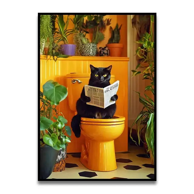 Decorbites cat reading on toilet canvas wall art featuring a black cat with green eyes on an orange toilet holding a newspaper