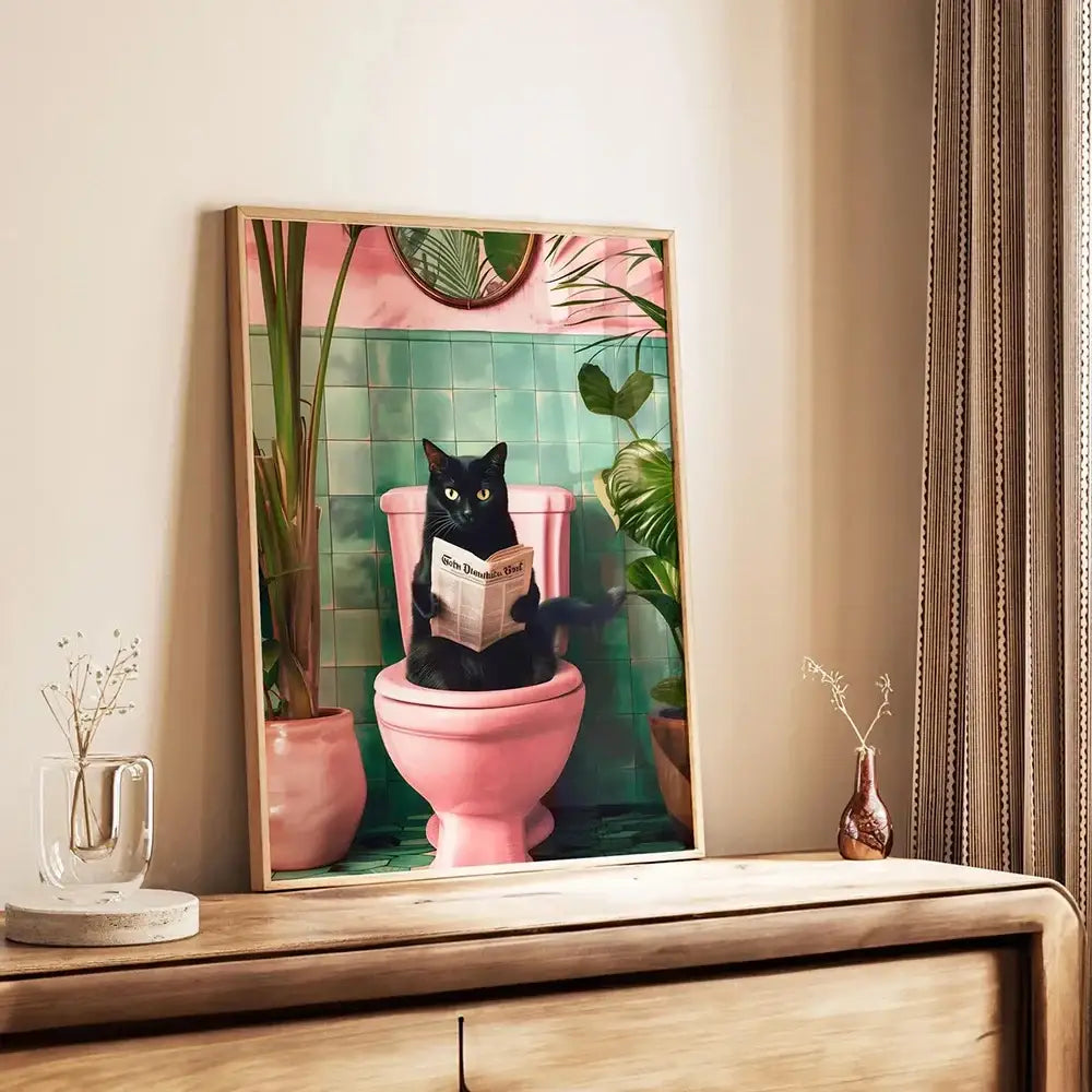 DecorBites™ cat reading wall art featuring a black cat on a pink toilet with green tiled walls on canvas