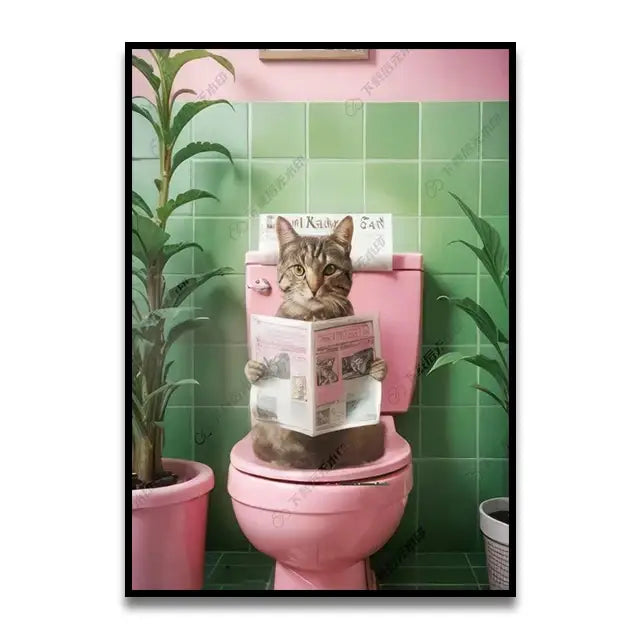 DecorBites™ cat reading wall art featuring a tabby cat on a pink toilet canvas with green tiles and plants