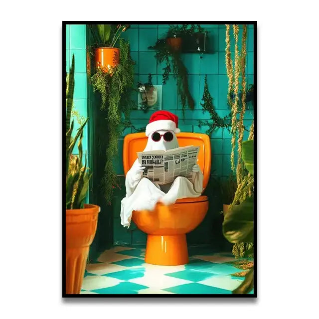 DecorBites™ wall art featuring an orange toilet canvas with a ghost reading a newspaper wearing a santa hat and sunglasses