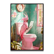 Decorbites™ cat reading toilet canvas wall art featuring a pink parrot perched on a toilet holding a newspaper