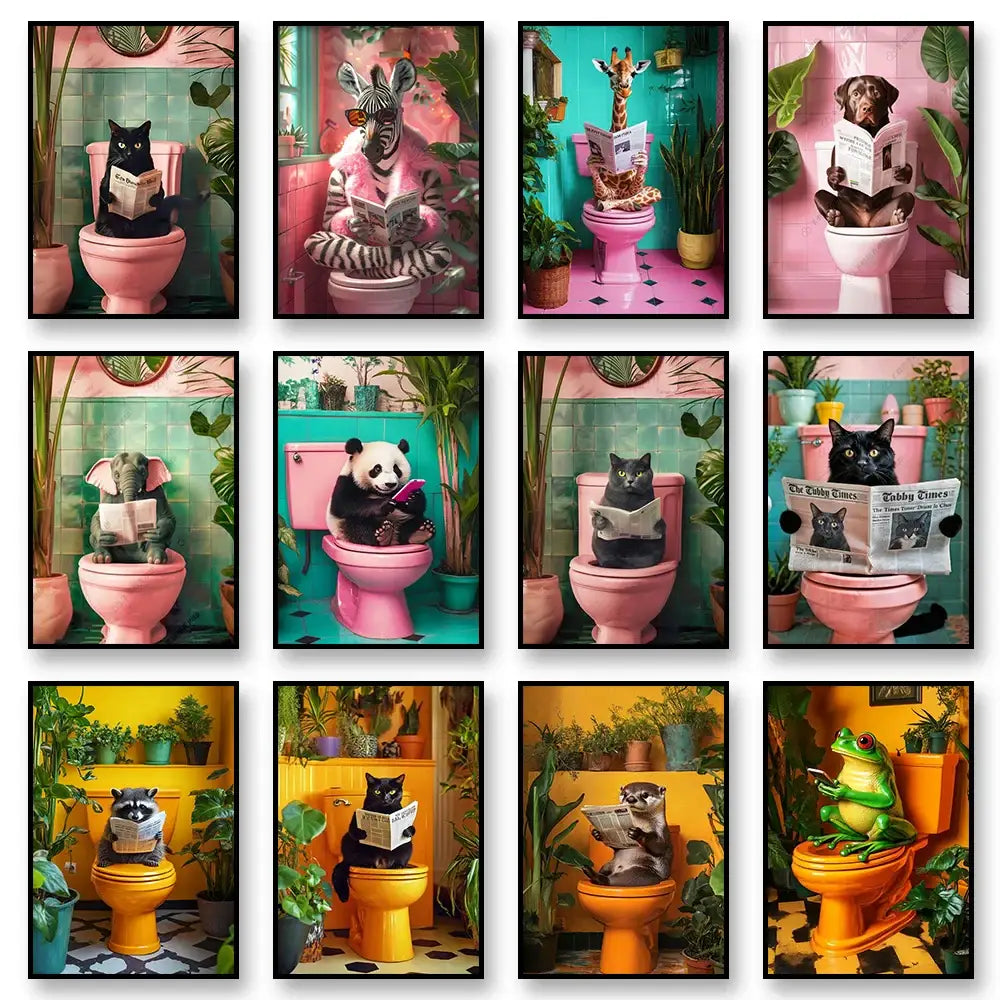 Decorbites™ cat reading wall art featuring colorful framed toilet canvas prints of whimsical animals in bathroom settings