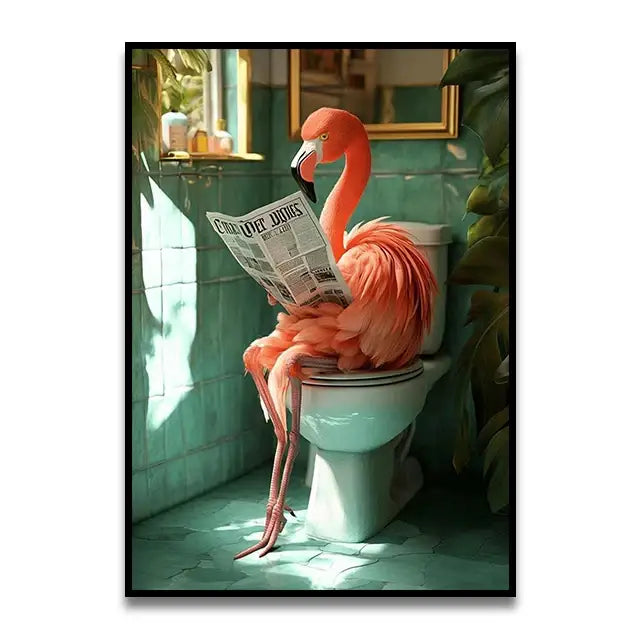 Decorbites™ cat reading on toilet canvas wall art featuring vibrant pink flamingo perched on toilet holding newspaper