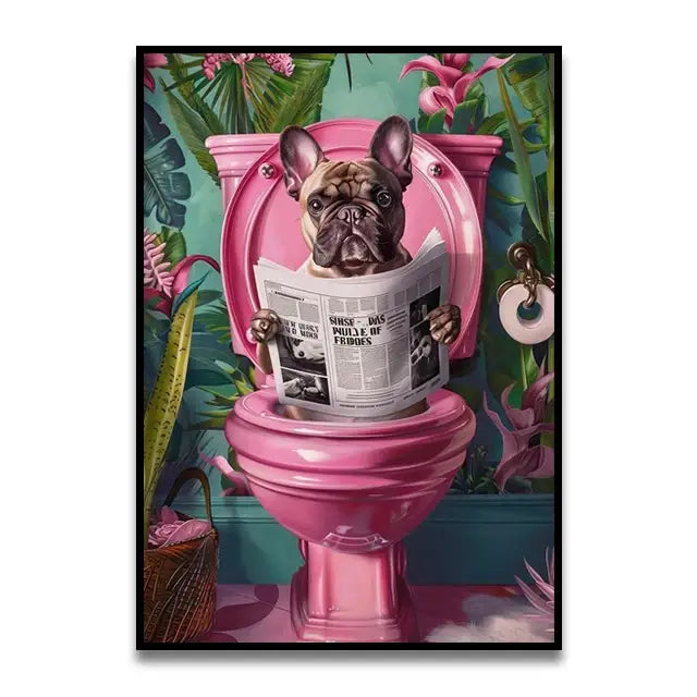 Decorbites™ cat reading wall art featuring a vibrant pink toilet canvas with a fawn french bulldog reading newspaper