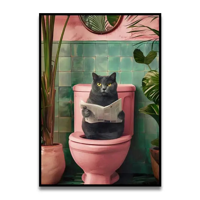 Whimsical gray cat reading on pink toilet printed on DecorBites™ toilet canvas wall art for home decor